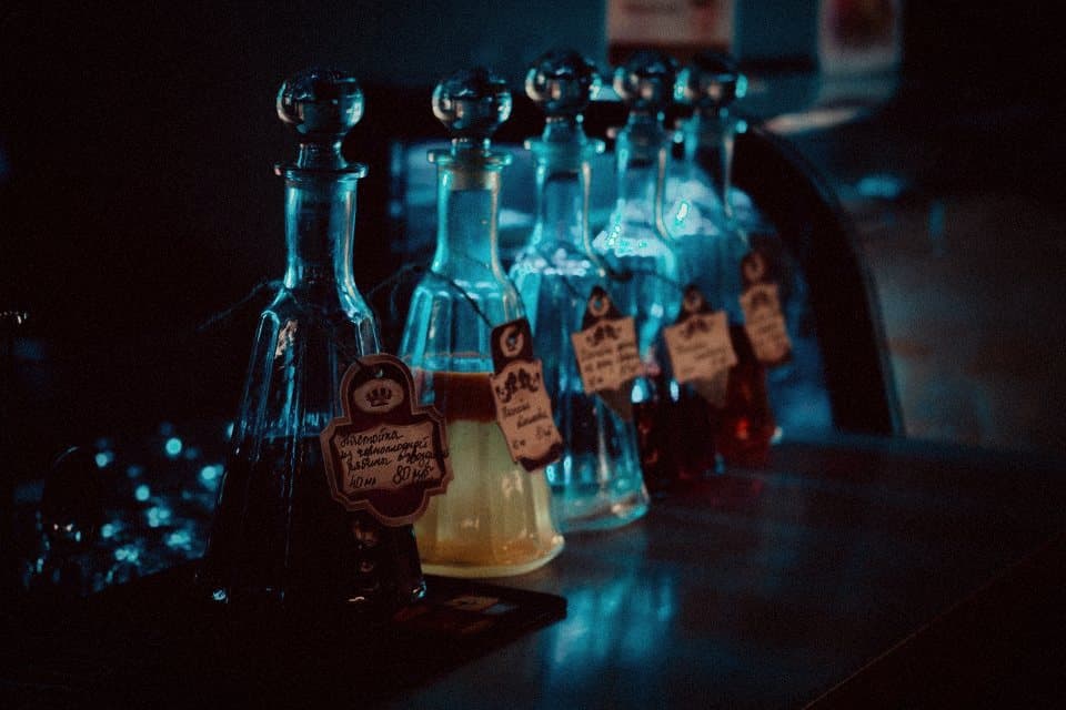 Bottles glowing on a back bar
